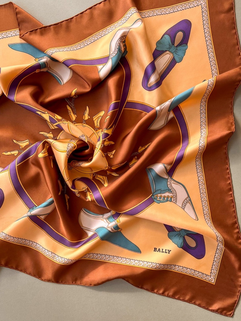 Vintage 1980s Brown Bally Silk Scarf With Decorative Shoes